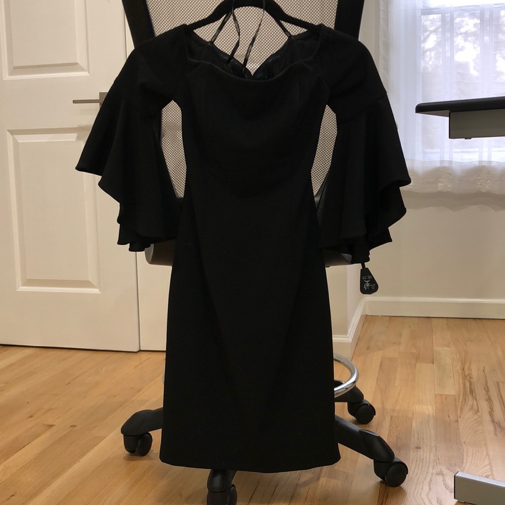 Flared Sleeve Black Midi Dress